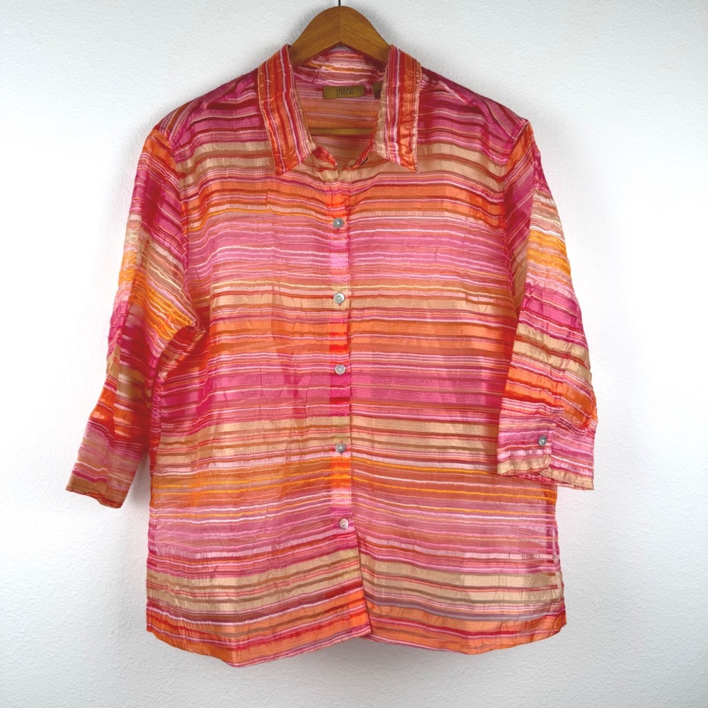 Valerie Stevens Blouse Womens Large Pink Orange Striped Excellent Casual Chic